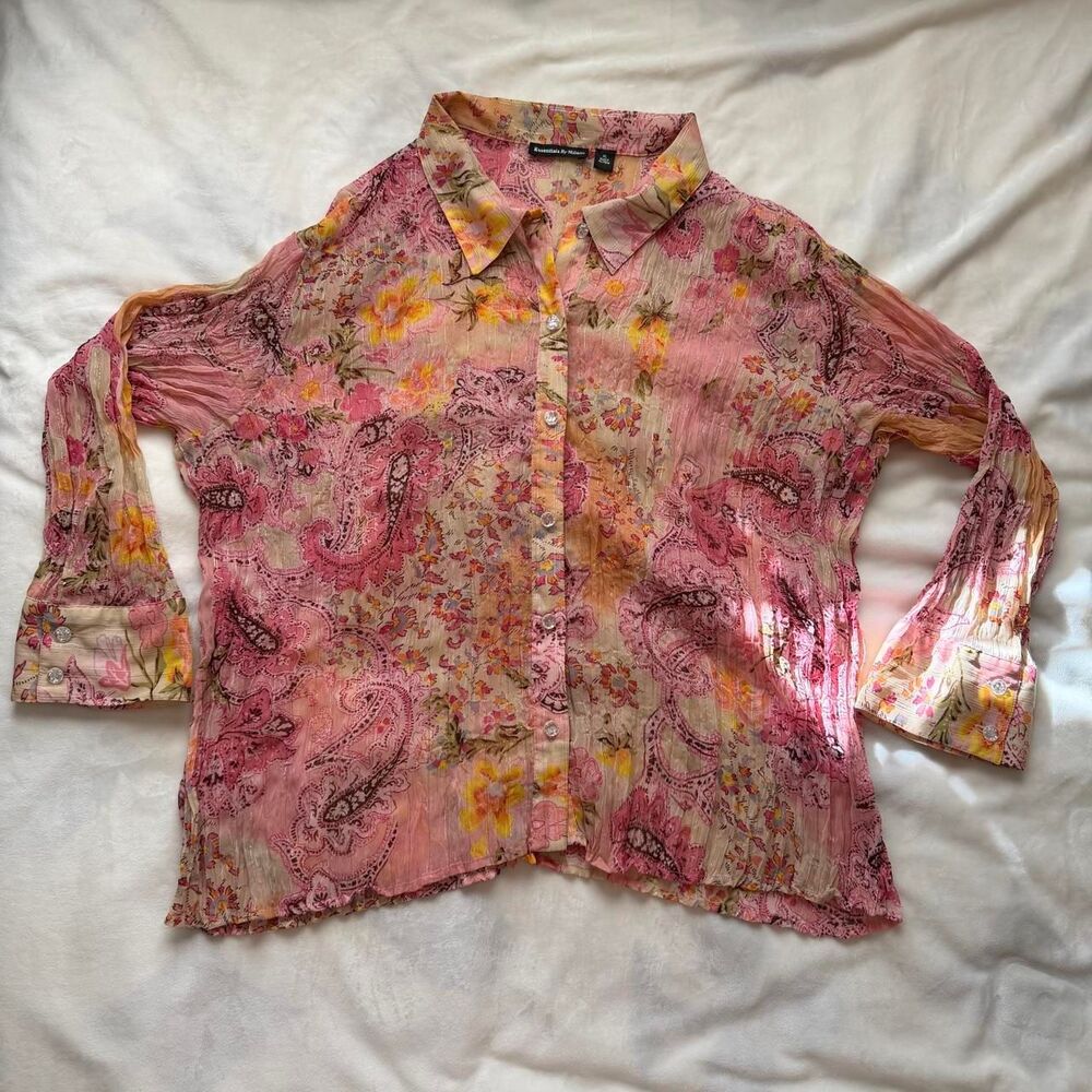 vintage y2k Essentials by Milano pink paisley button up sz XL shimmer boho fairy